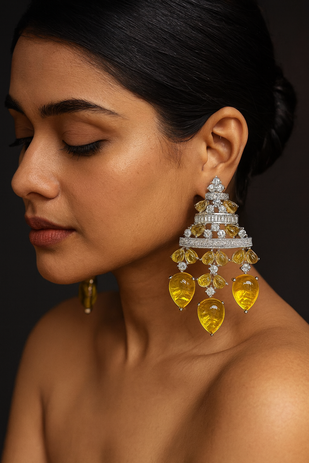 Classic Yellow CZ Stones Earrings with Silver polish