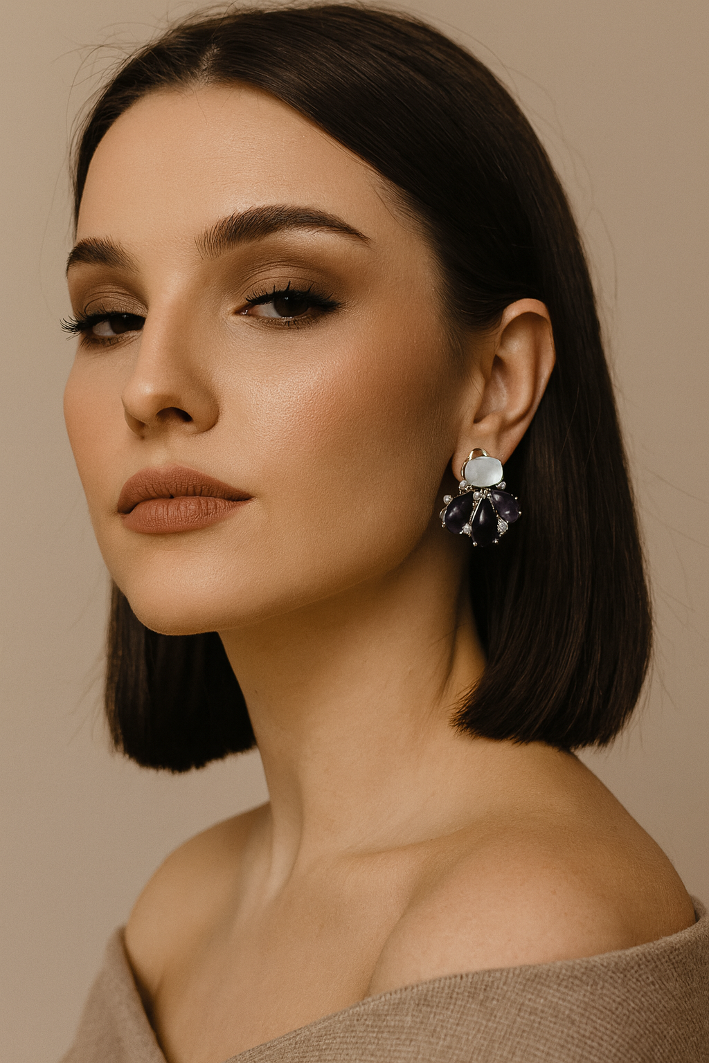 Handcrafted Amethyst & MOP Cluster Earrings with Sparkling CZ stone