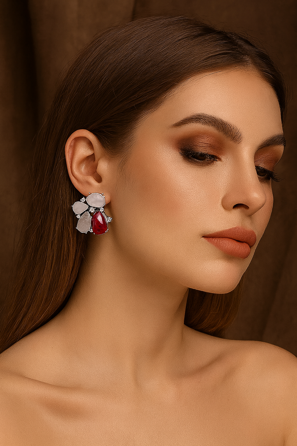 Handcrafted Amethyst & MOP Cluster red Earrings with Sparkling CZ stone