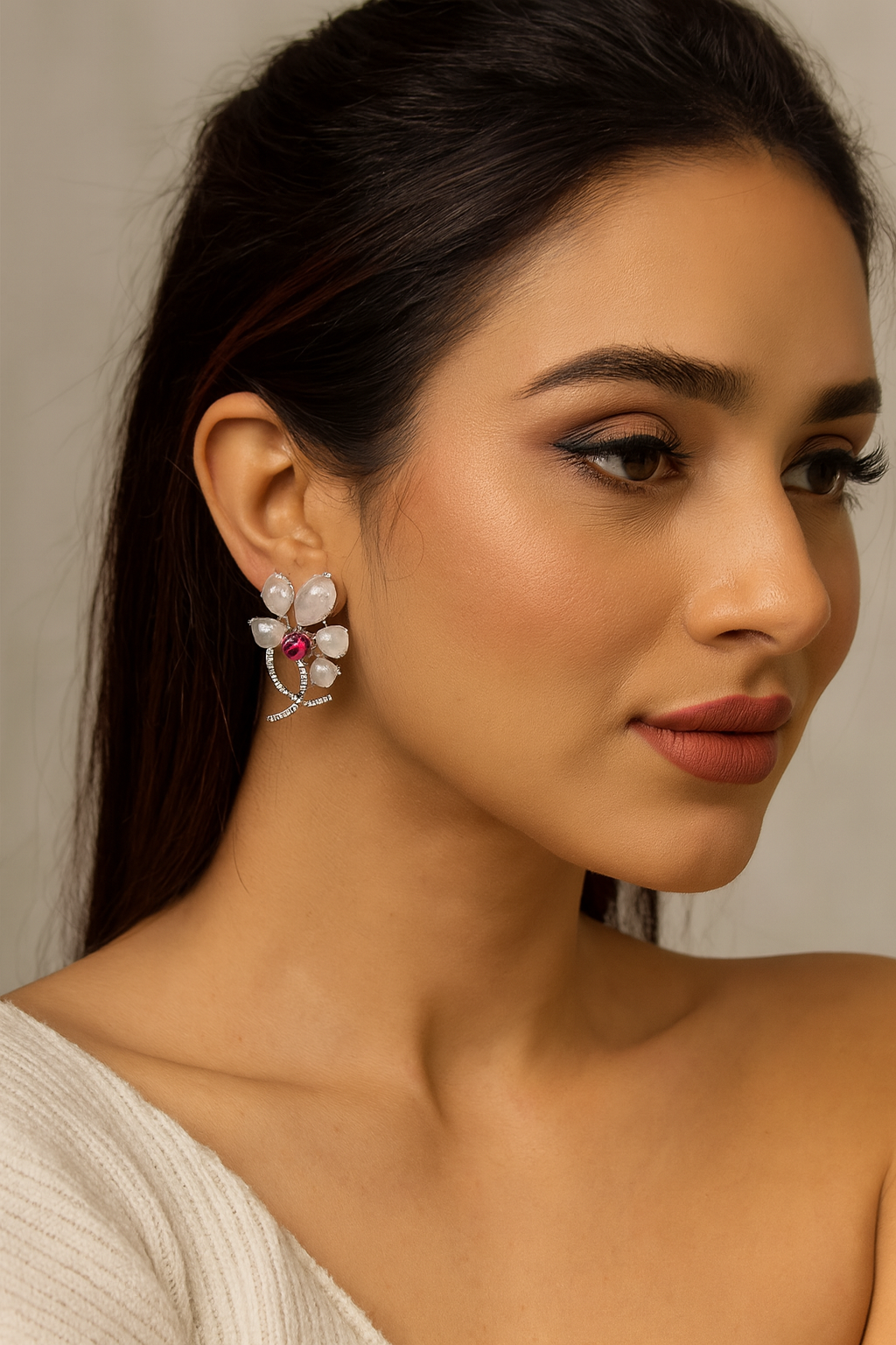 Floral Rose Quartz & Ruby Earrings with CZ Accents