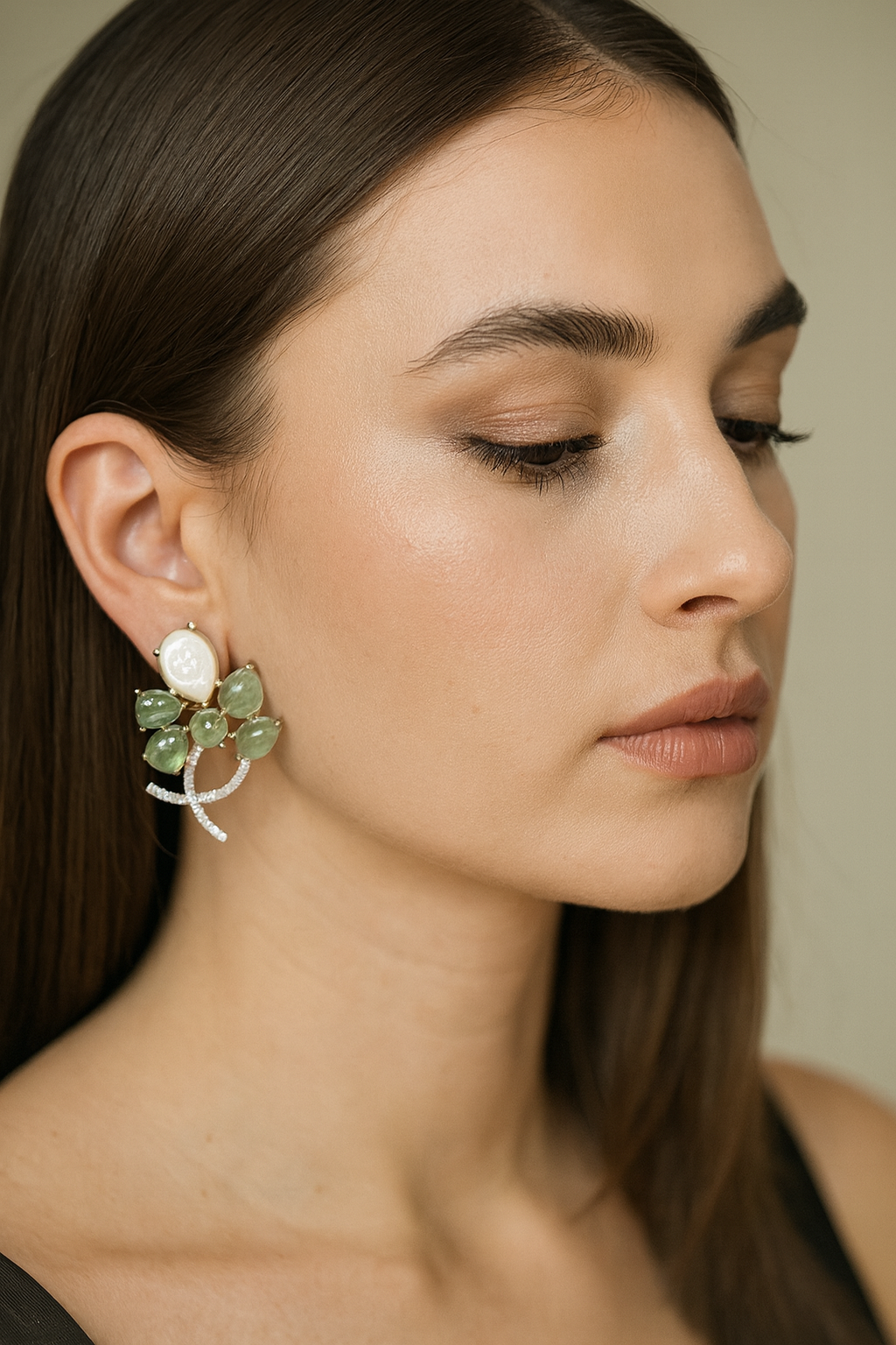 Green Prehnite & Mother of Pearl Floral Earrings with CZ stone