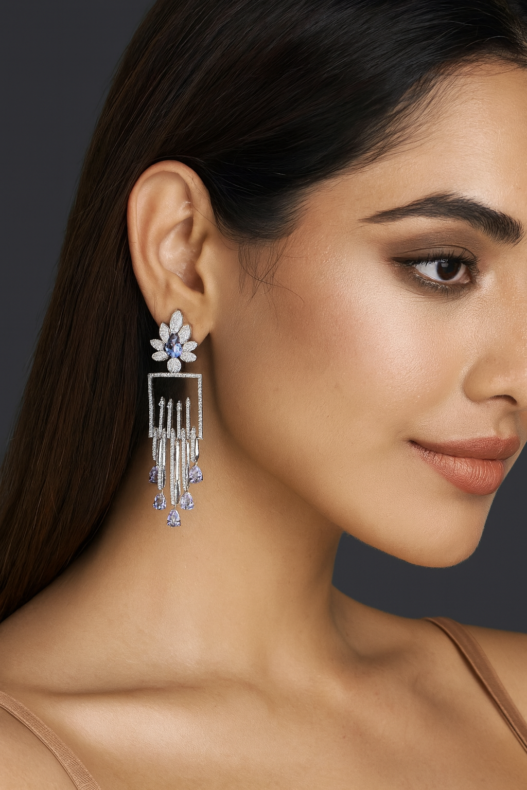 Geometric Floral Dangle Earrings with Purple CZ Drops