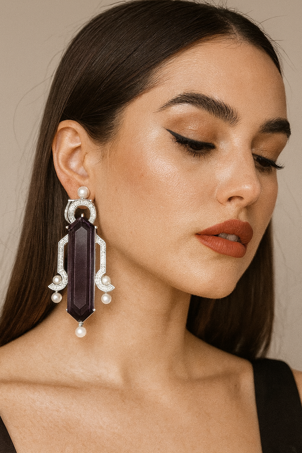 Amethyst Long Drop Earrings with Pearl Accents
