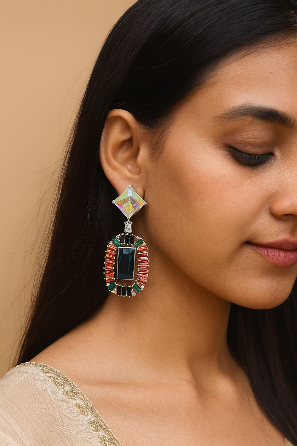 Colorful swarovski Statement Earrings with Blue Center Stone