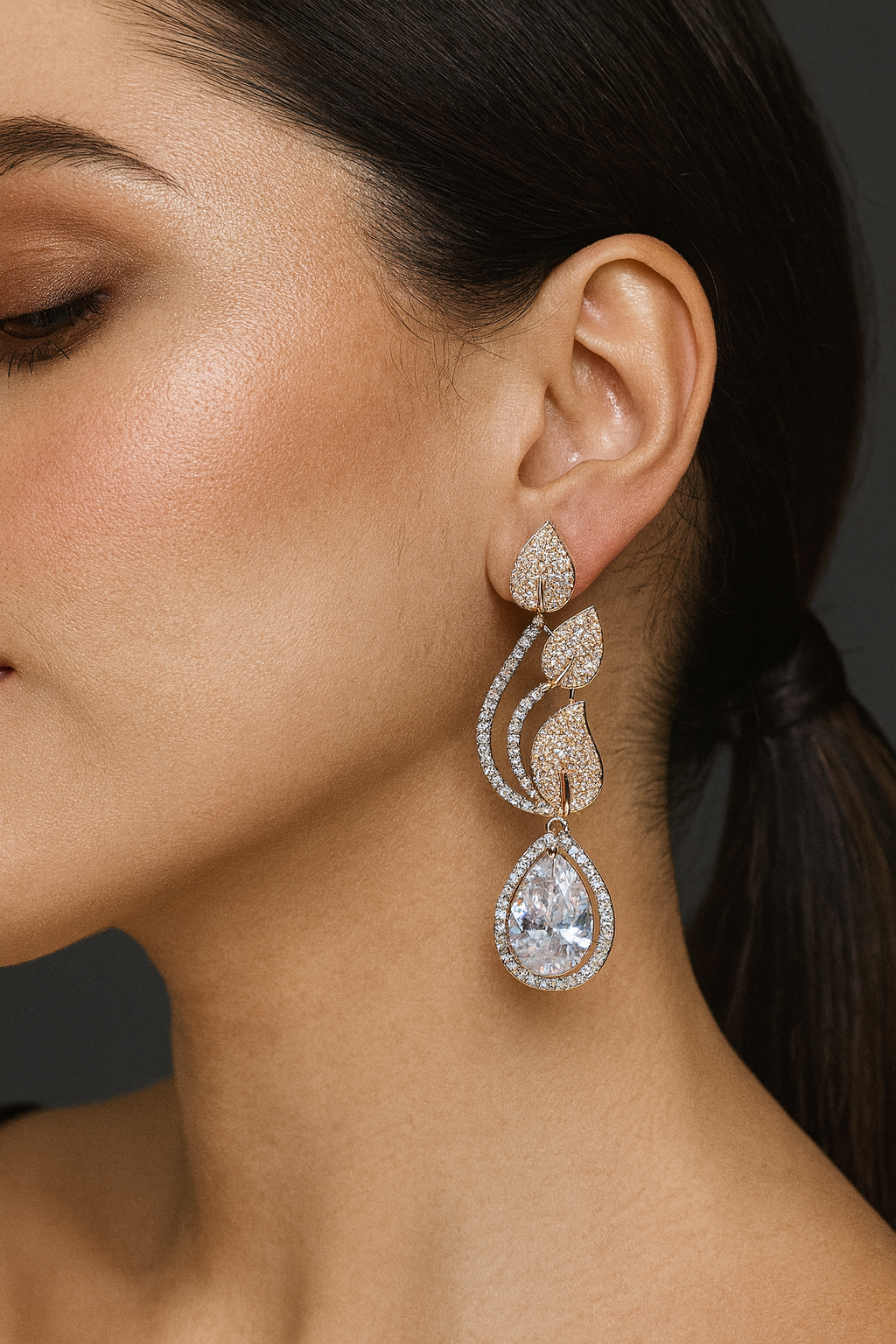 Rose Gold CZ Leaf Drop Earrings with Teardrop Stone