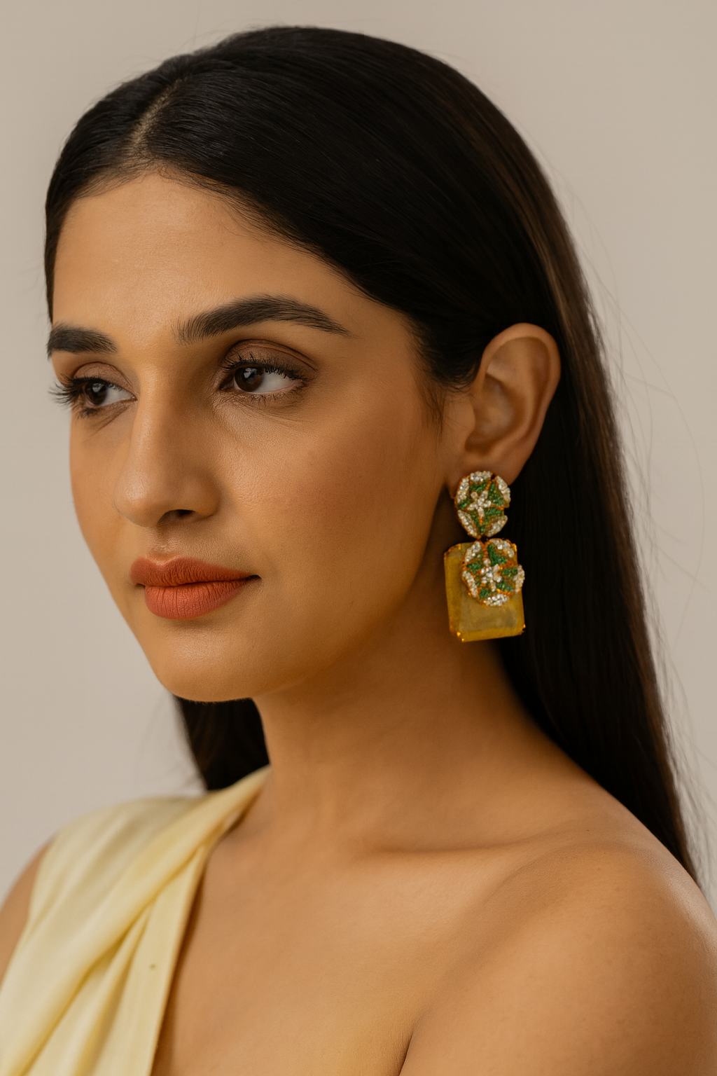 Yellow Stone Floral Earrings with Green & White CZ
