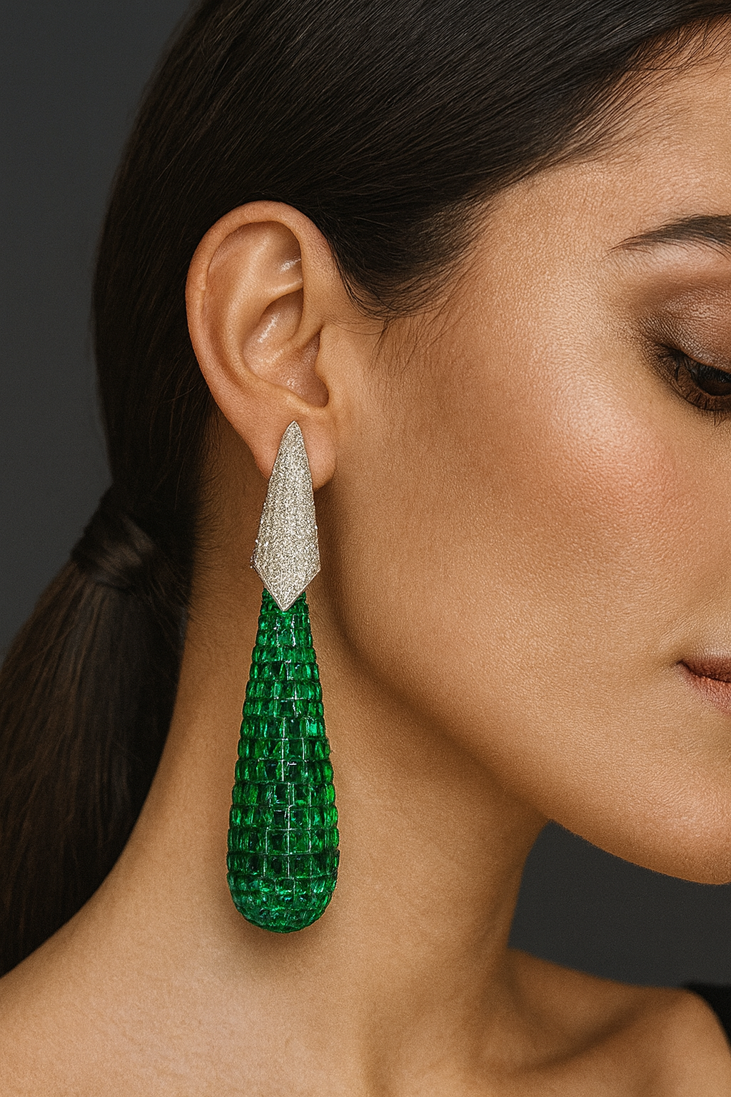 Green Crystal Long Drop Earrings with CZ Top