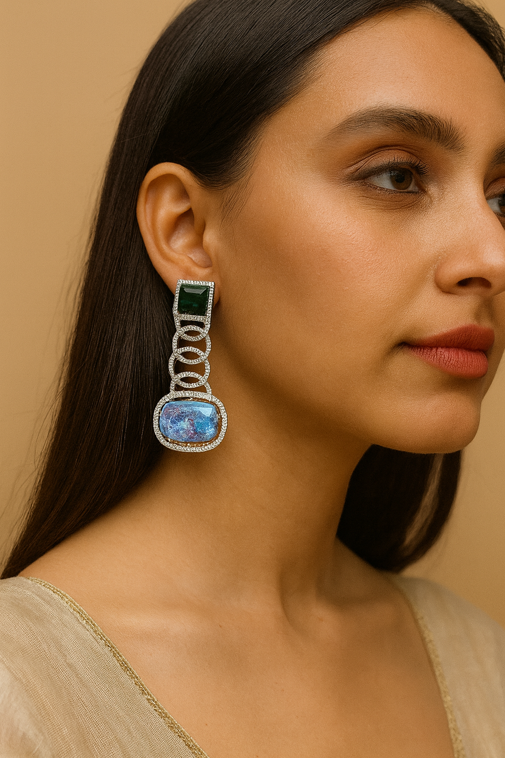 Green & Blue Crystal Drop Earrings with CZ Accents