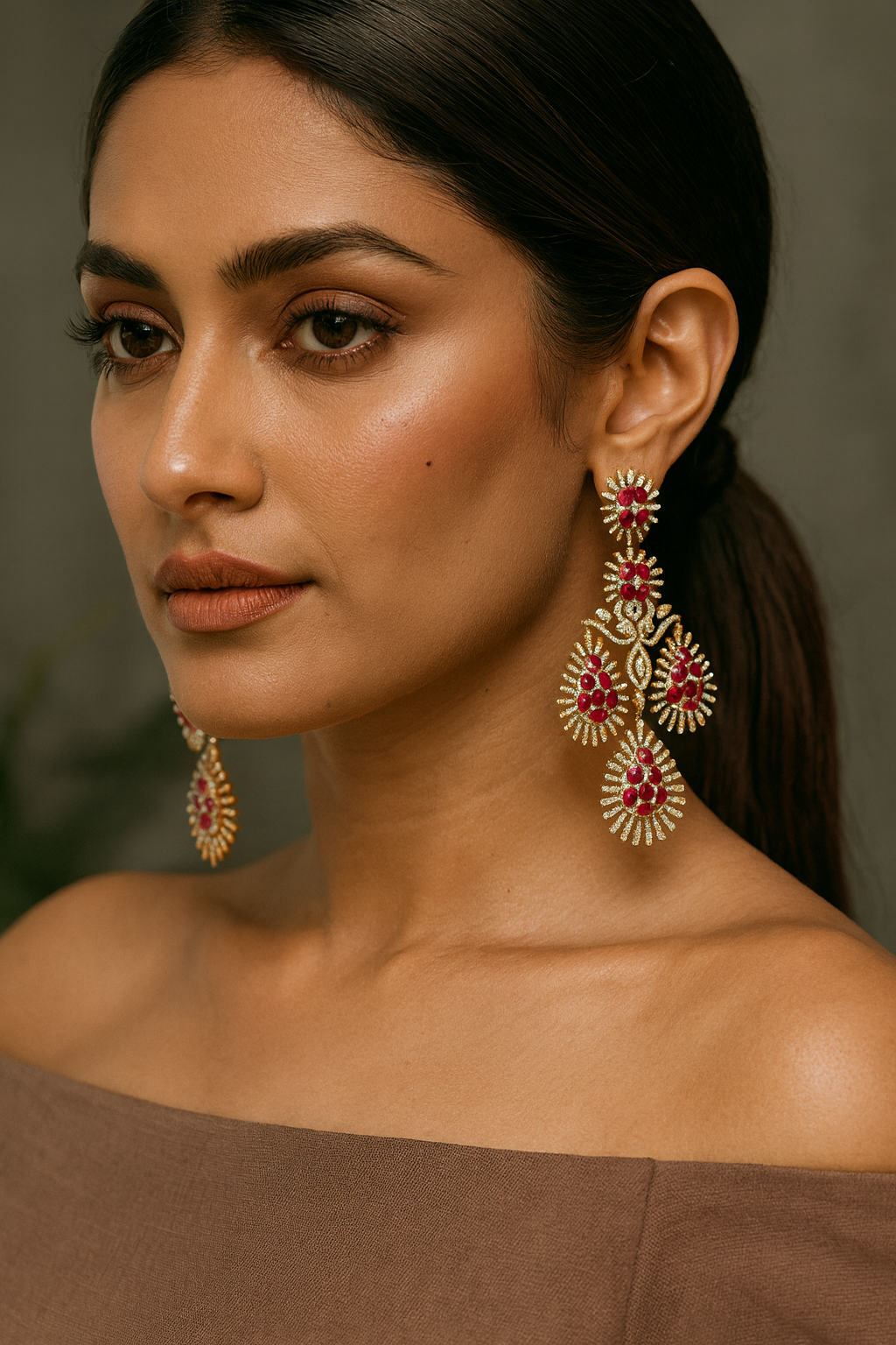 Ruby Red CZ Chandelier Earrings with Gold Finish
