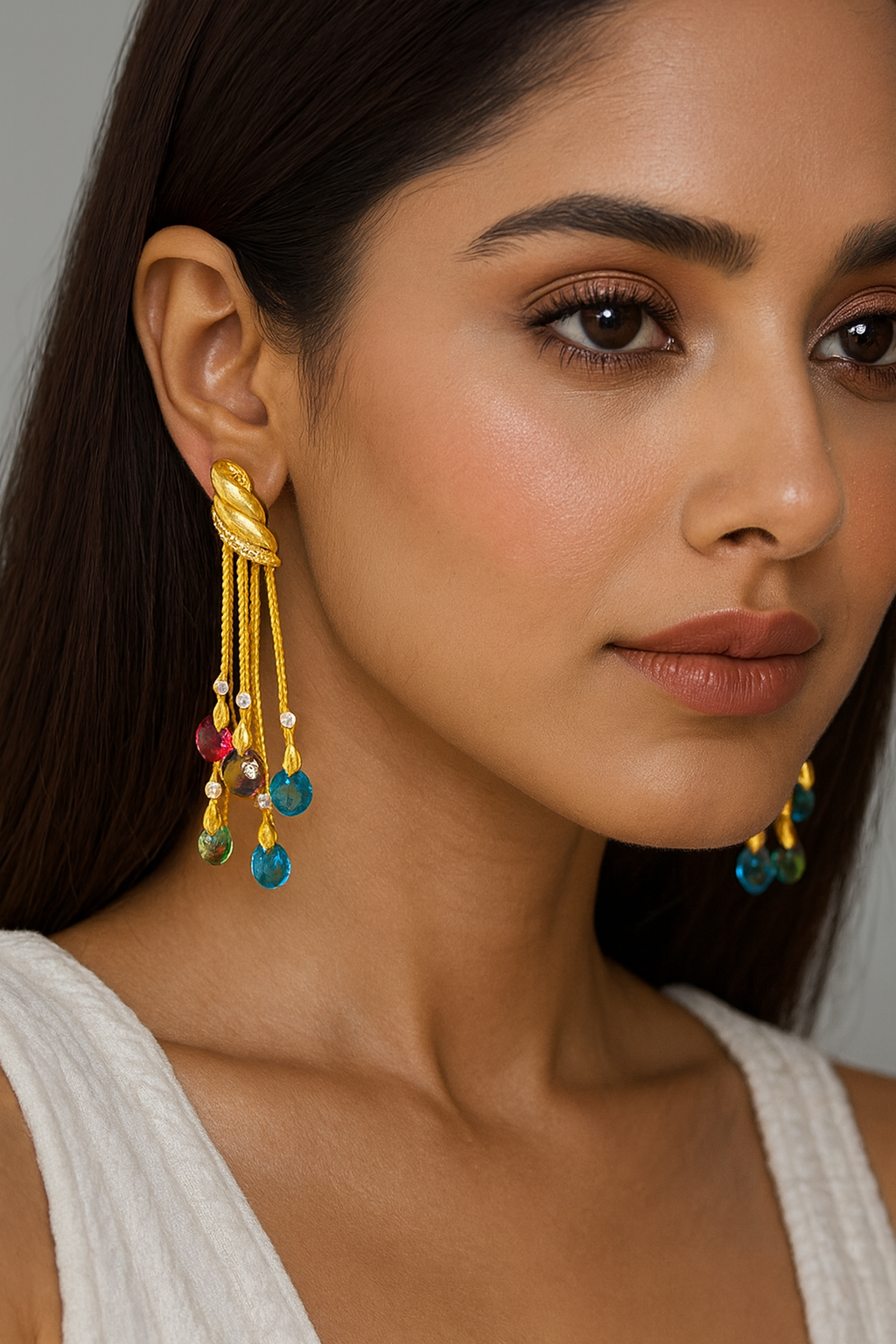 Designer Gold Chain Earrings with Colorful CZ Stone