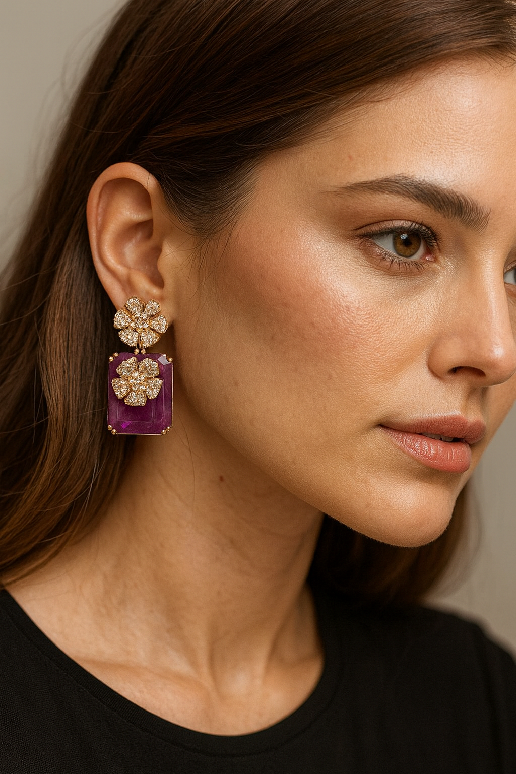 Gold-Plated Floral Crystal Earrings with Purple Stone