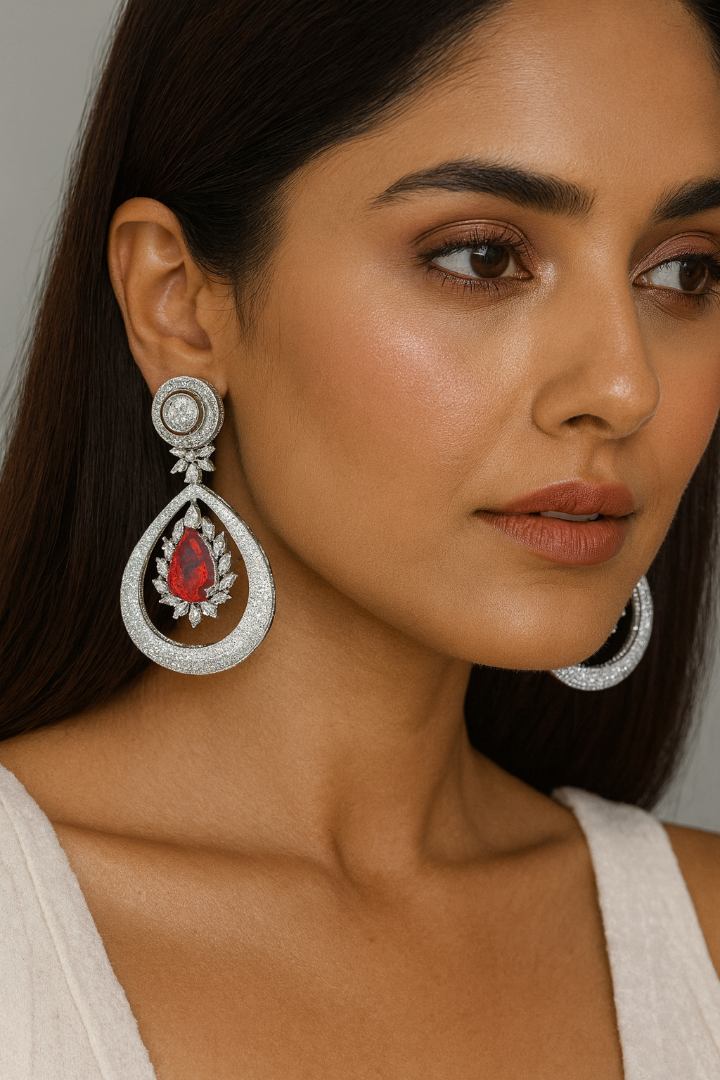 Elegant Red Teardrop Crystal & CZ stone Earrings