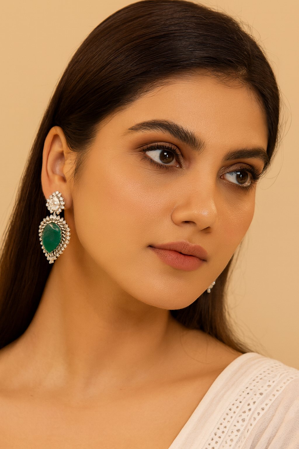 Elegant Statement Earrings with Green Crystal and White Stones