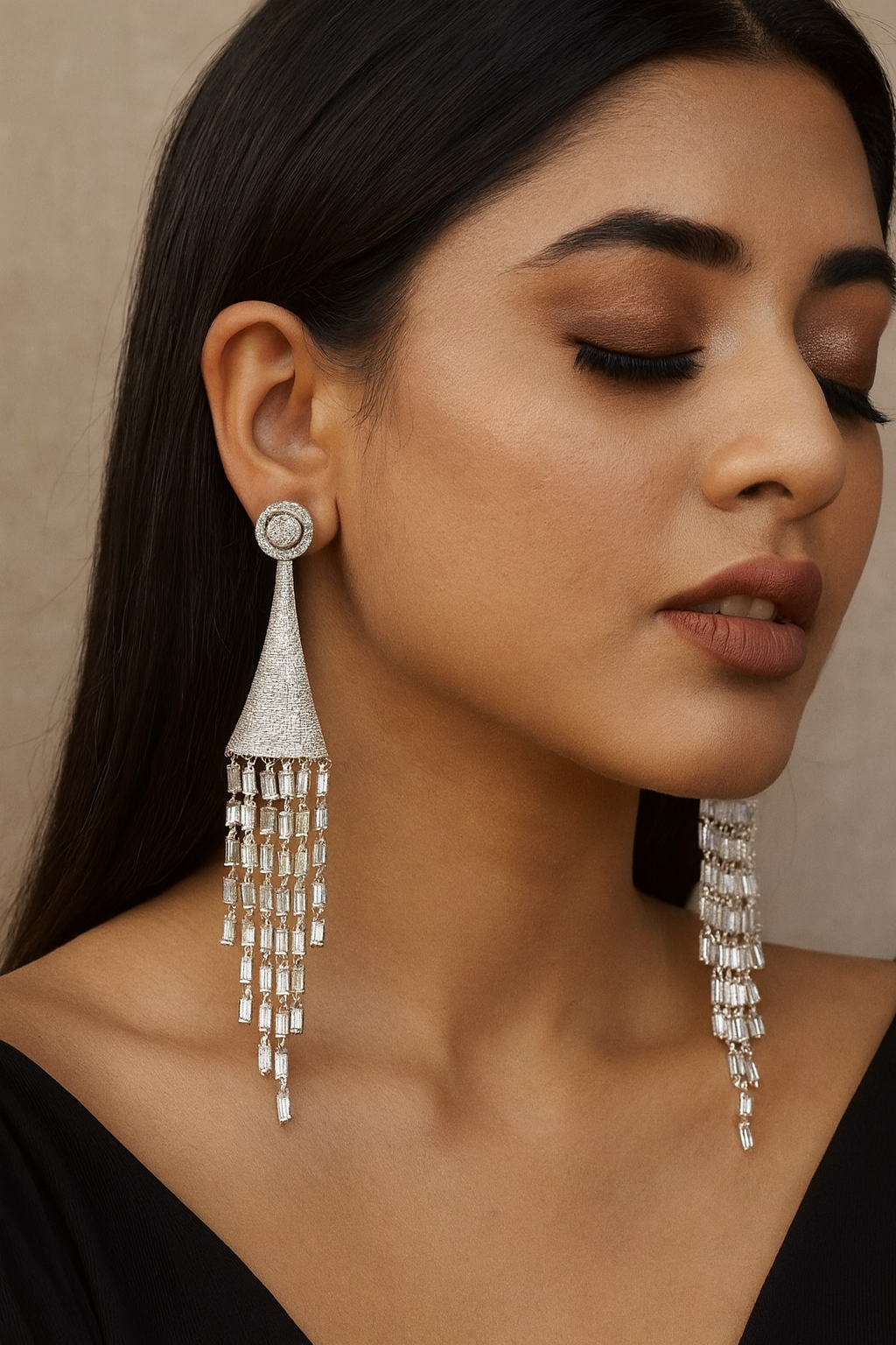Charming Long Drop Earrings with Emerald Silver Chains