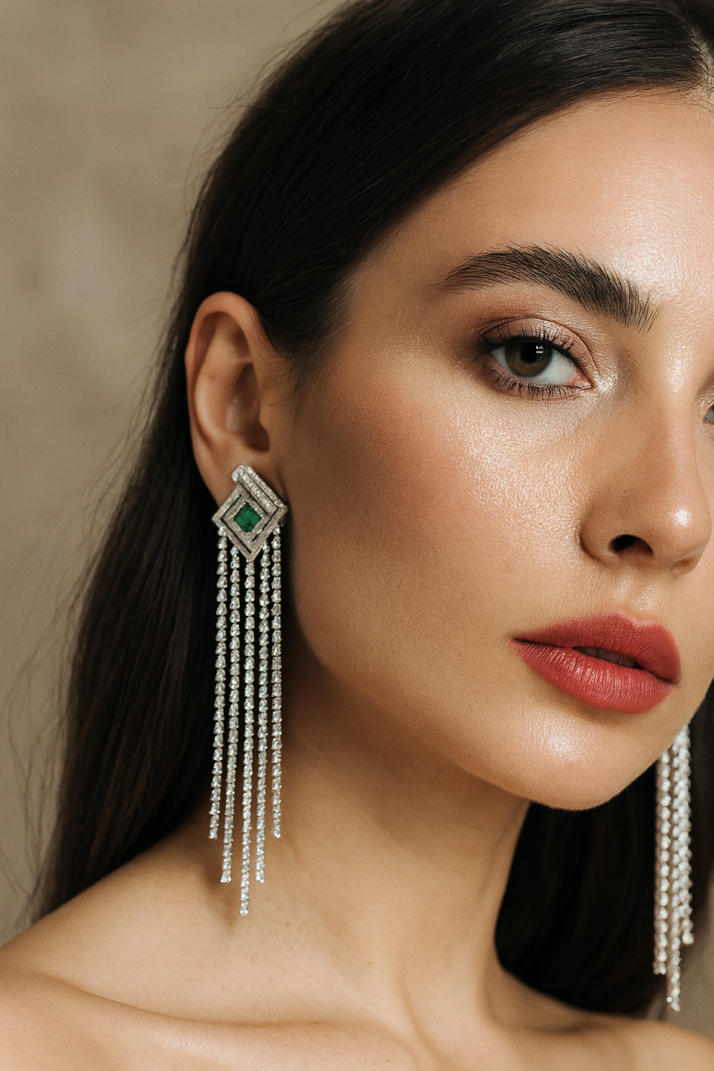 Long Silver Tassel Earrings with Green Stone and CZ Stone