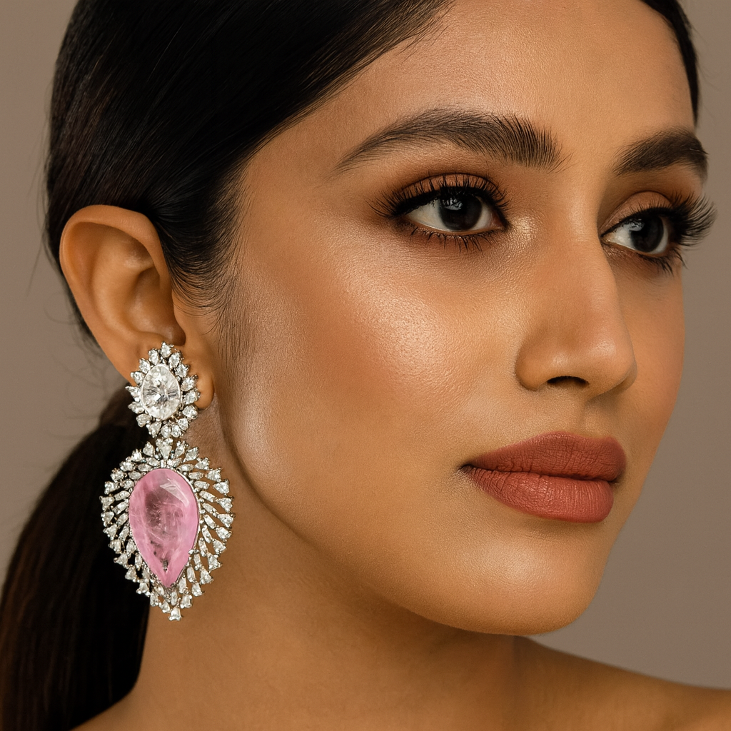 Pink Stone & CZ Teardrop Earrings for women and Girls