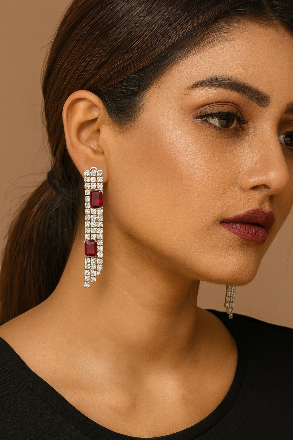 Ruby Red & Diamond CZ Long Dangler Earrings with Silver Polish