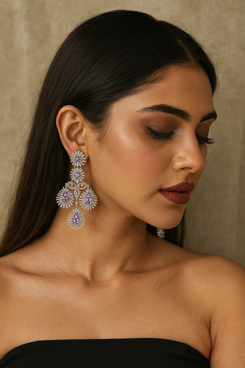 Glamorous Long Drop Earrings with Purple and CZ stone