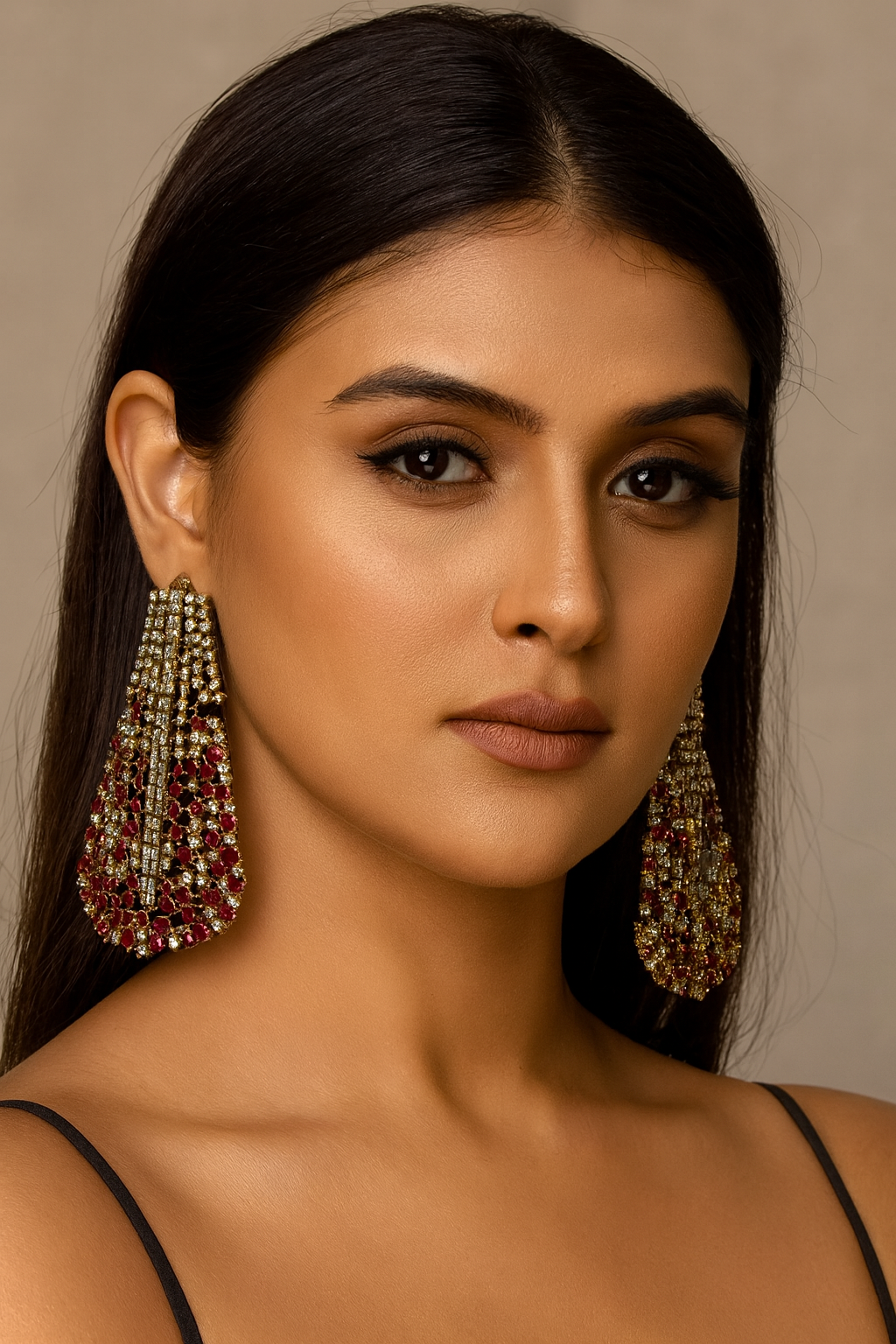 Elegant Red Teardrop and CZ Long Statement Earrings