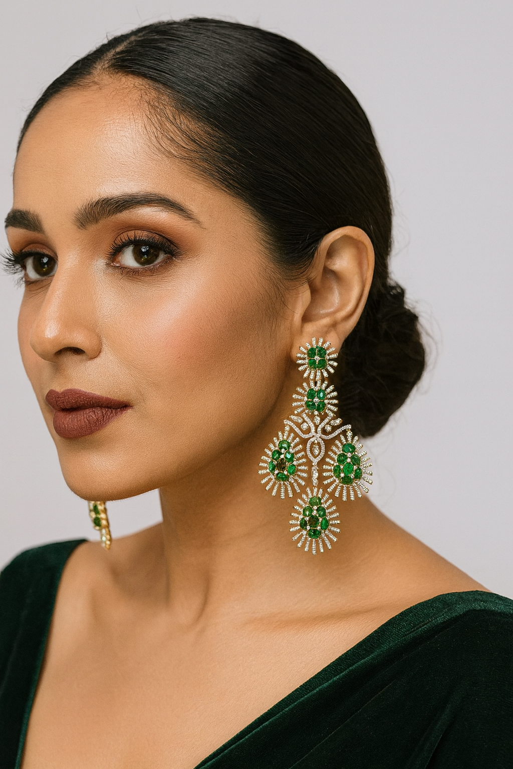 Glamorous Long Drop Earrings with Green and CZ stone with Golden Polish