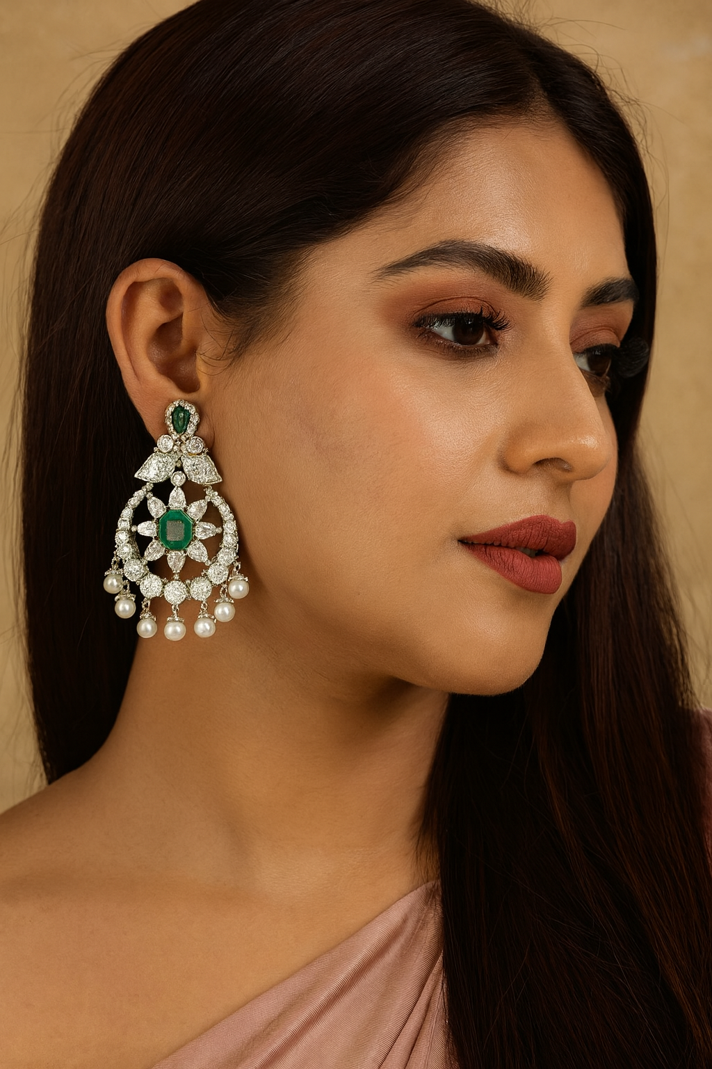 Emerald Green & CZ Stone Chandelier Earrings with Pearls
