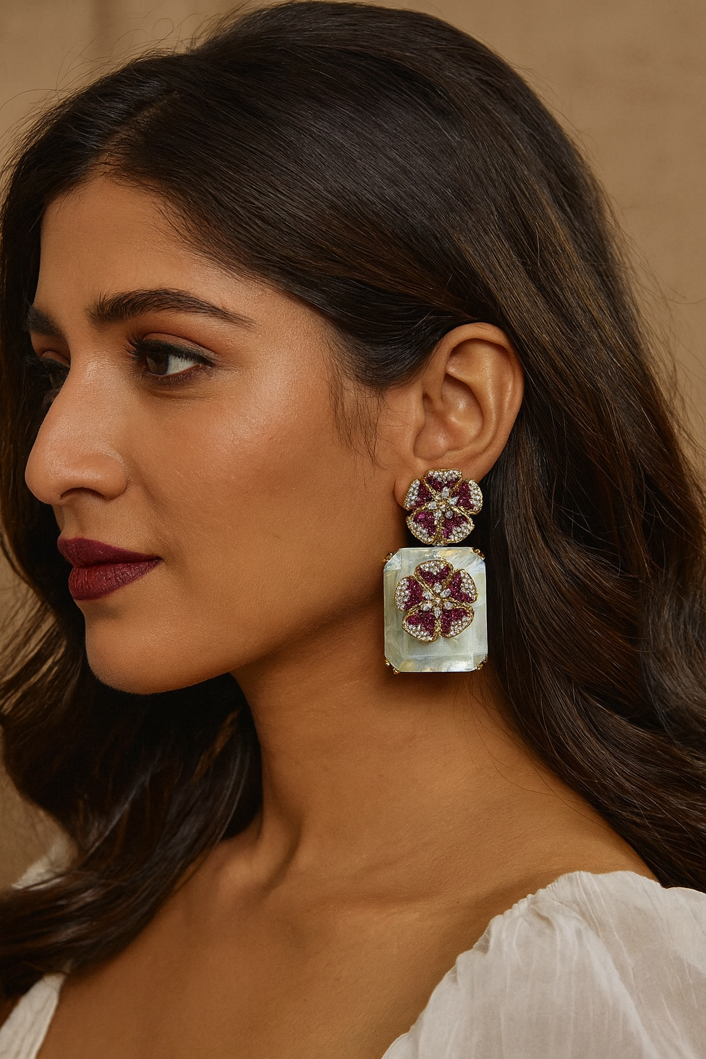 Gold-Plated Floral Crystal Earrings with white Stone