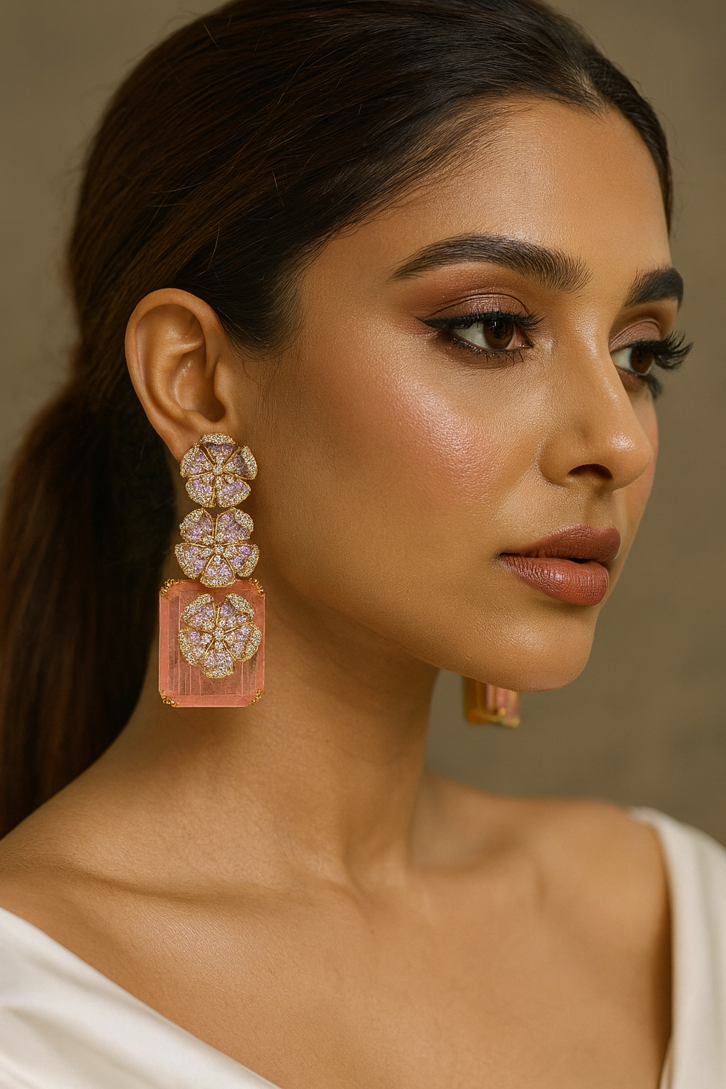 Gold-Plated Floral Crystal Earrings with Orange Stone