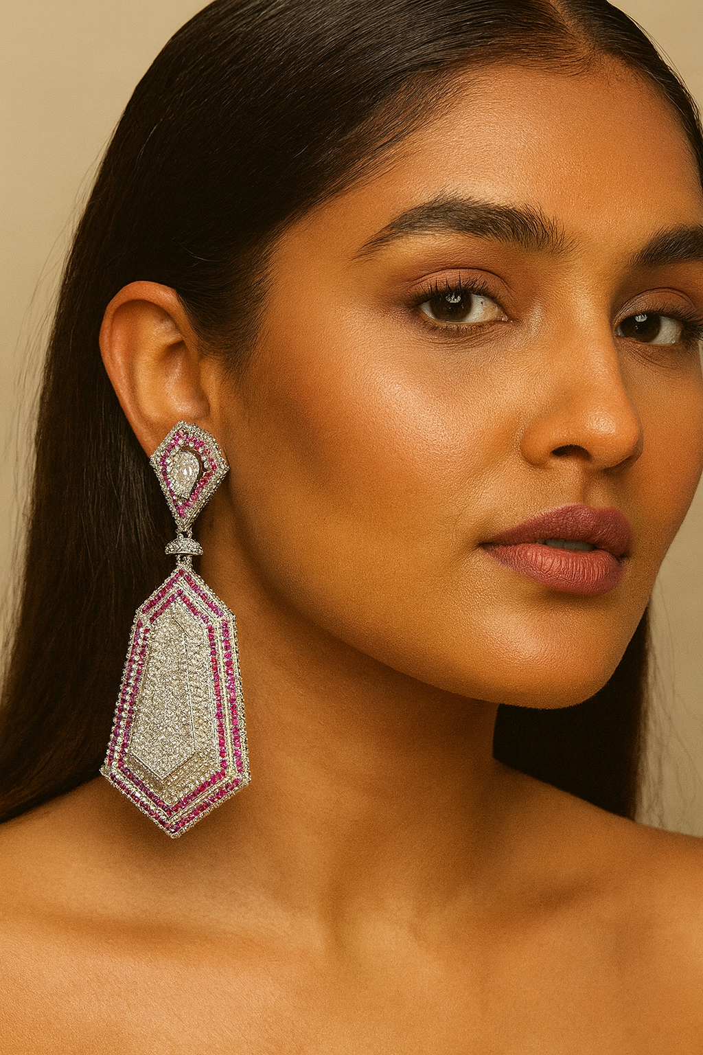 Geometric Pink & CZ Stone Statement Earrings For Women
