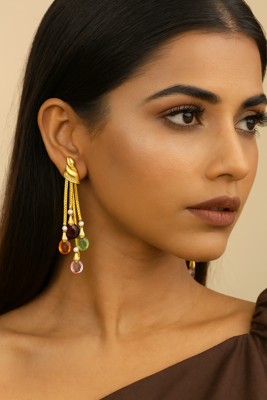 Designer Gold Finish Earrings with Multicolor CZ Stone Drops