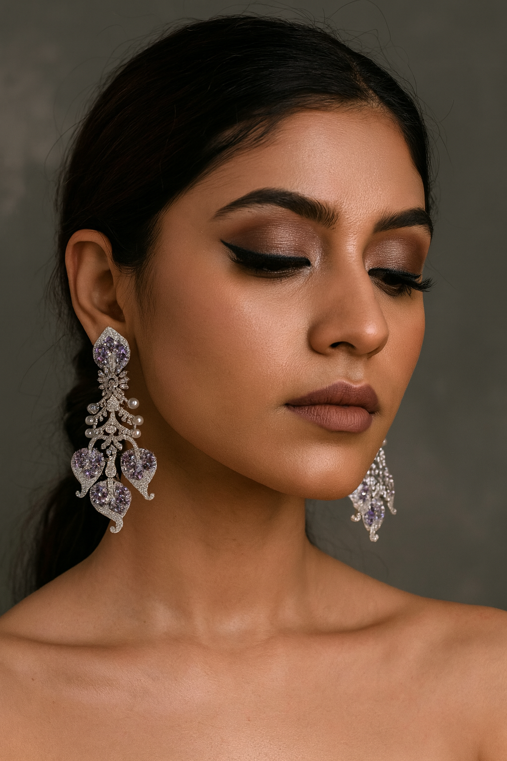 Glamorous Silver Plated Long Drop Earrings with Purple Crystals