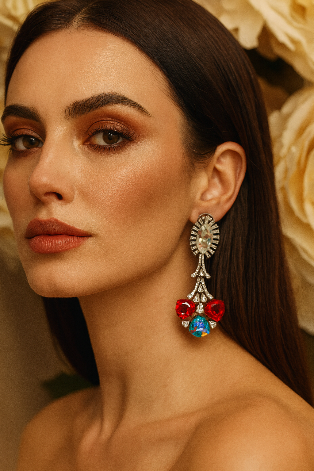 Multicolor Drop Earrings with Ruby Red CZ Stone