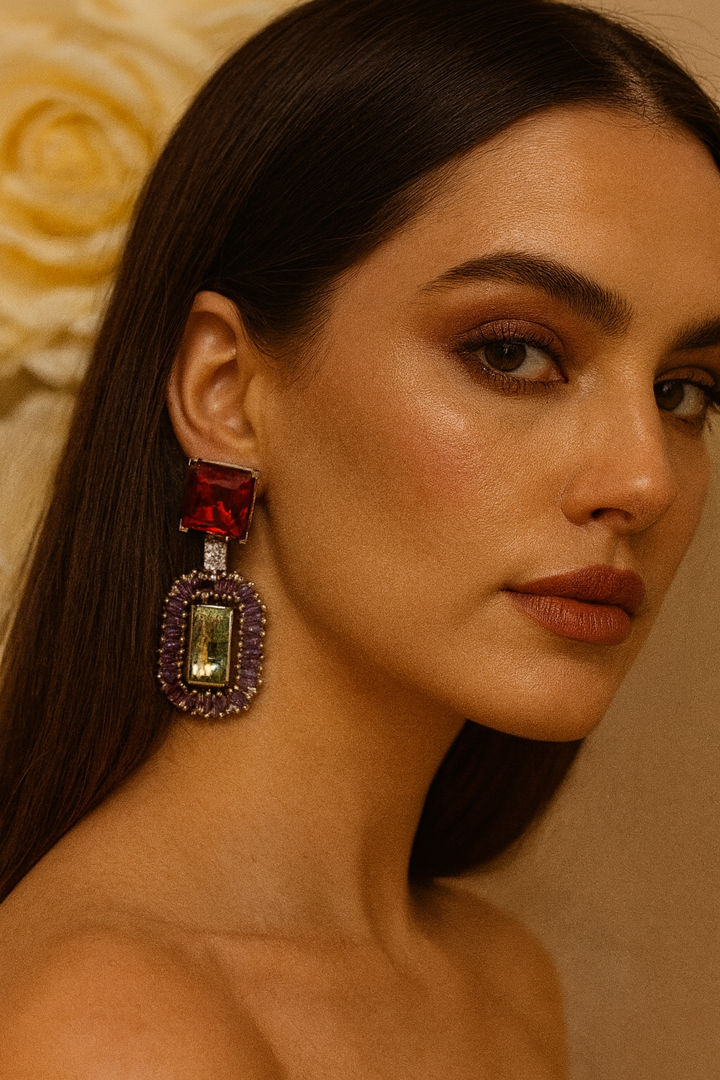 Colorful swarovski Statement Earrings with mint green Center Stone