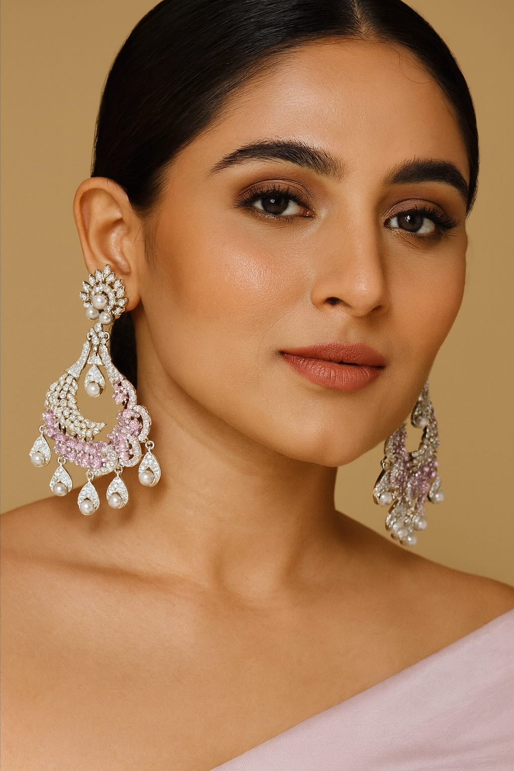 Glamorous Pearl Drop & Pink Zircon Long Earrings