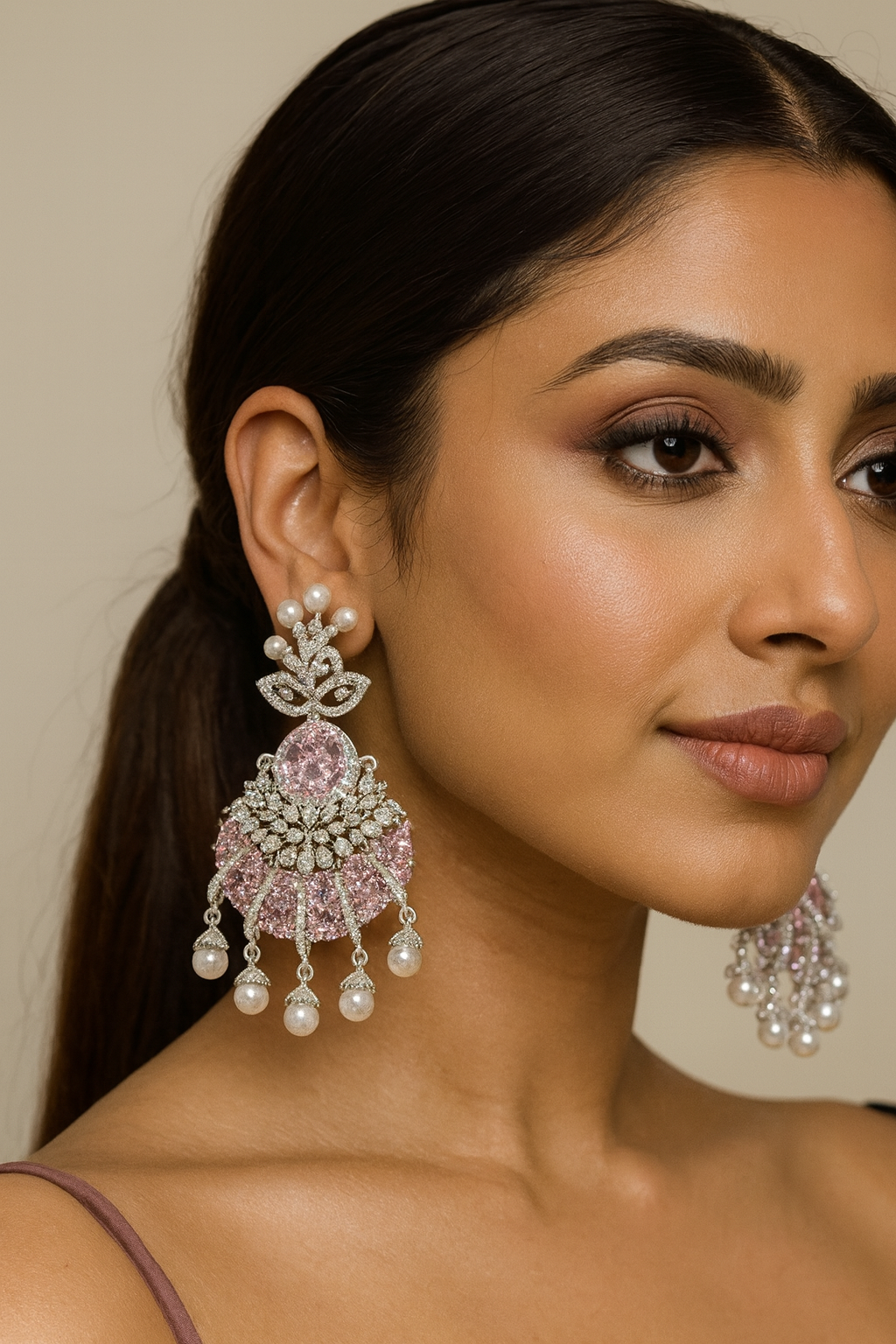 Elegant Pink Crystal & Pearl Chandelier Earrings