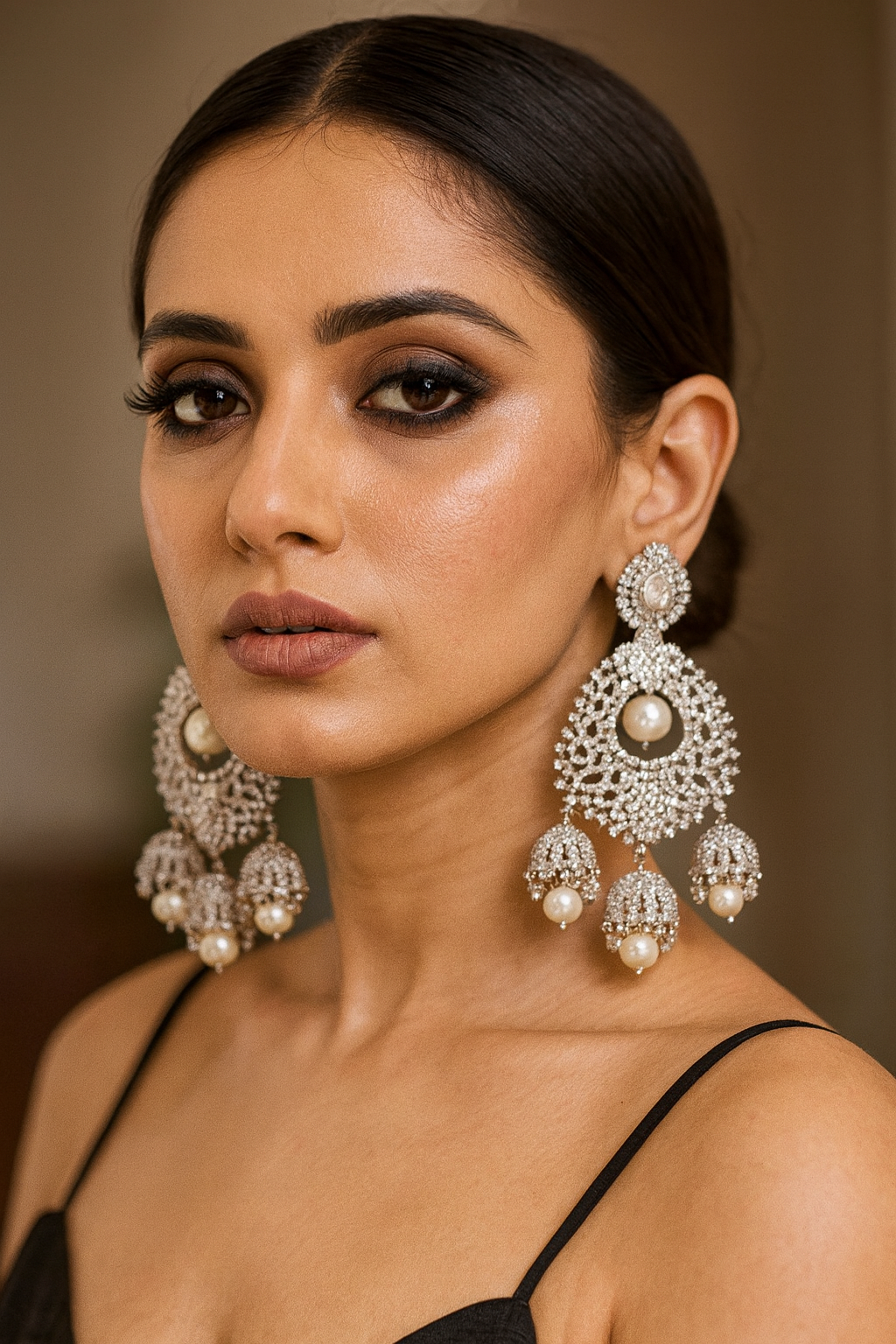 Silver Plated Crystal & Pearl Bridal Chandelier Earrings