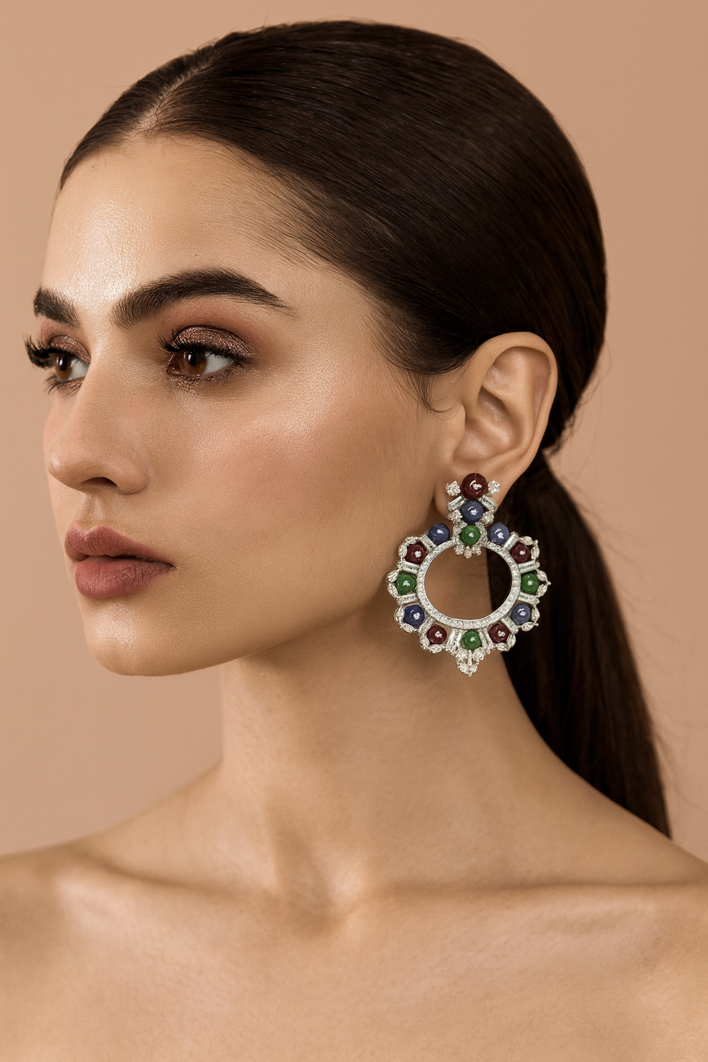 Blue & Green Stone Vintage Circle Hoop Earrings