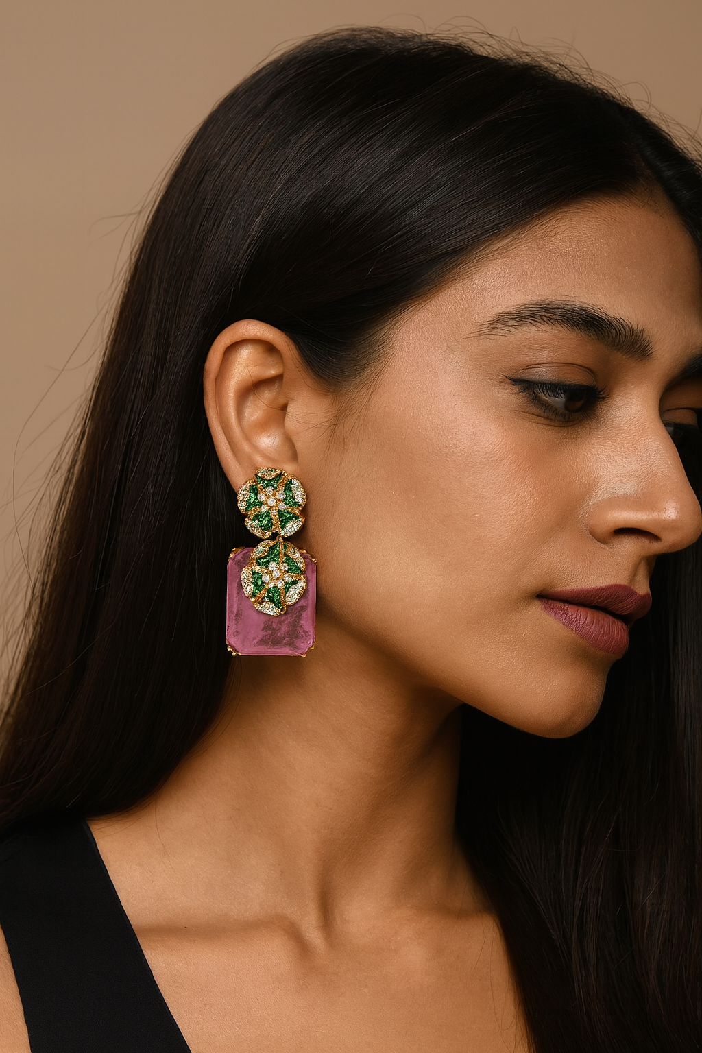 Gold-Plated Floral Crystal Earrings with Pink Stone