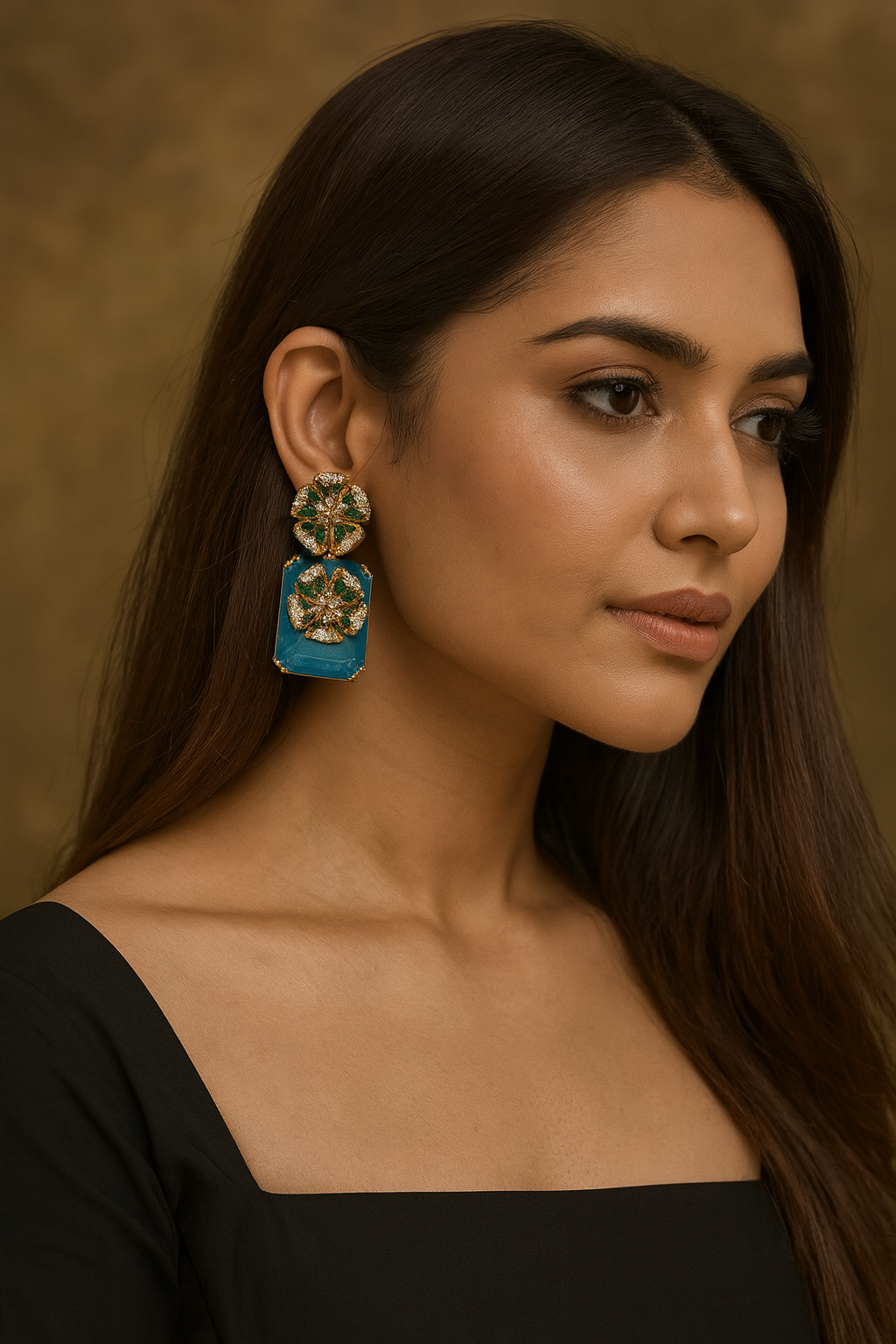 Gold-Plated Floral Crystal Earrings with Aqua stone