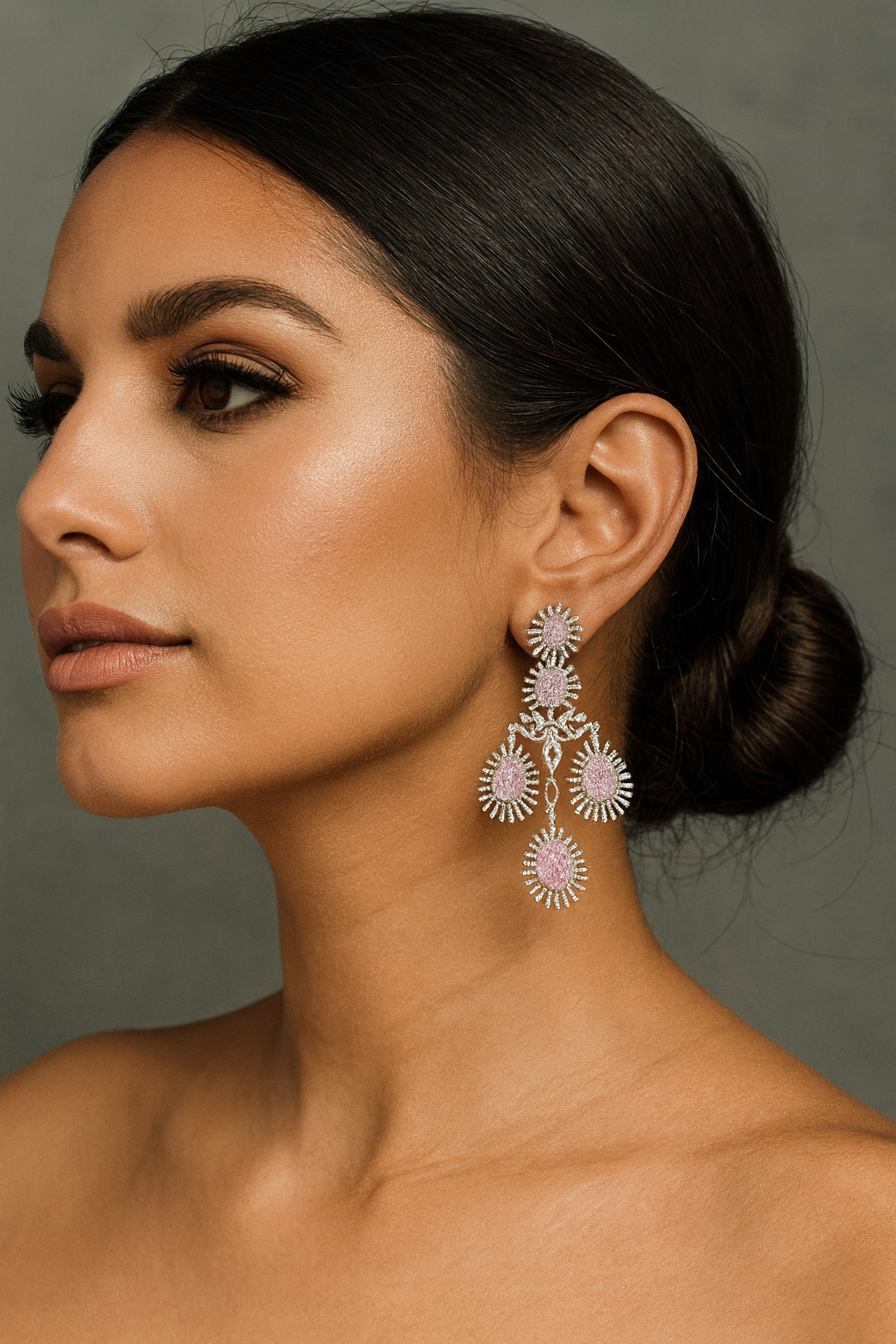 Glamorous Long Drop Earrings with Pink and CZ stone