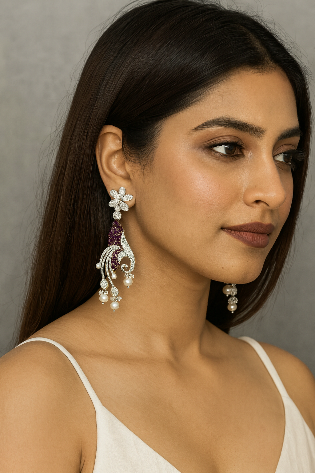 Crystal Peacock Design Earrings with Pink Stones & Pearl Danglers
