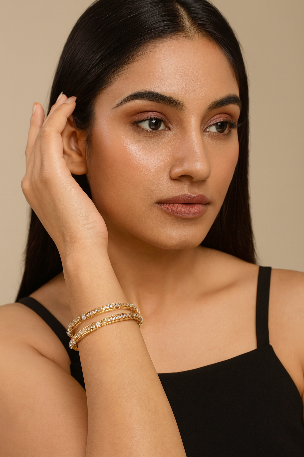 GOLDEN POLISH WITH CZ STONE STAR SHAPE BANGLES FOR WOMEN