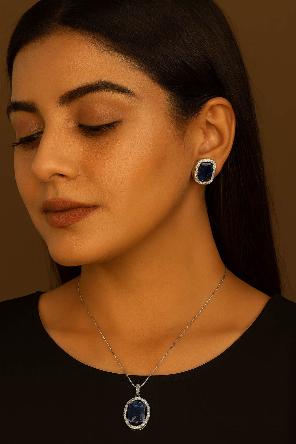 SILVER POLISH WITH BLACK AD STONE PENDANT SET FOR WOMEN