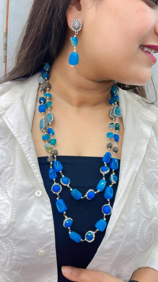 Jaipuri beaded mala in hues of blue coloured beads for women and girls with earrings