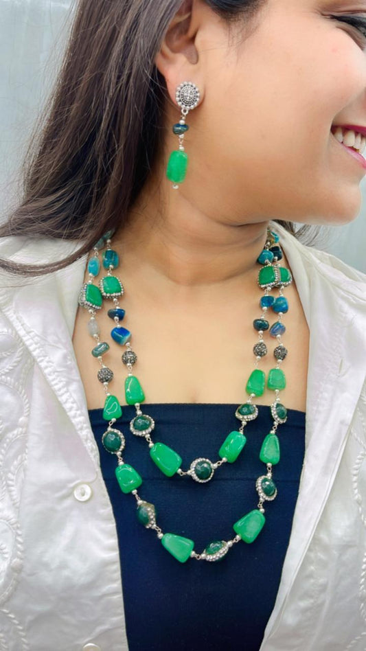 Jaipuri beaded mala in hues of green coloured beads for women and girls with earrings