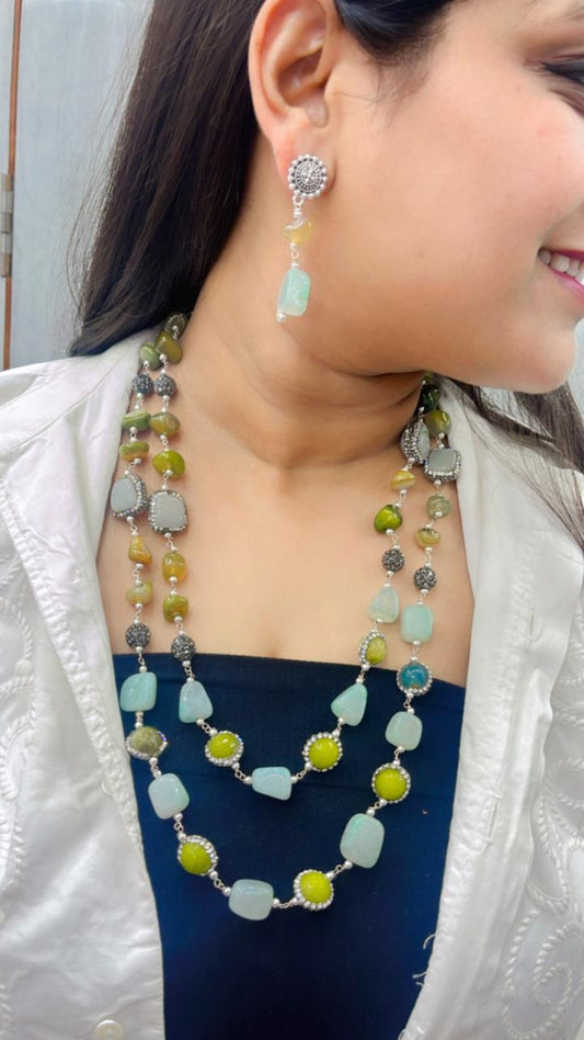 Jaipuri beaded mala in hues of pastel coloured beads for women and girls with earrings