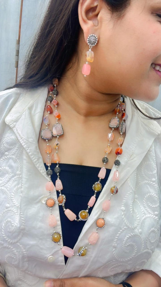 Jaipuri beaded mala in peach and orange colour beads for women and girls with earrings