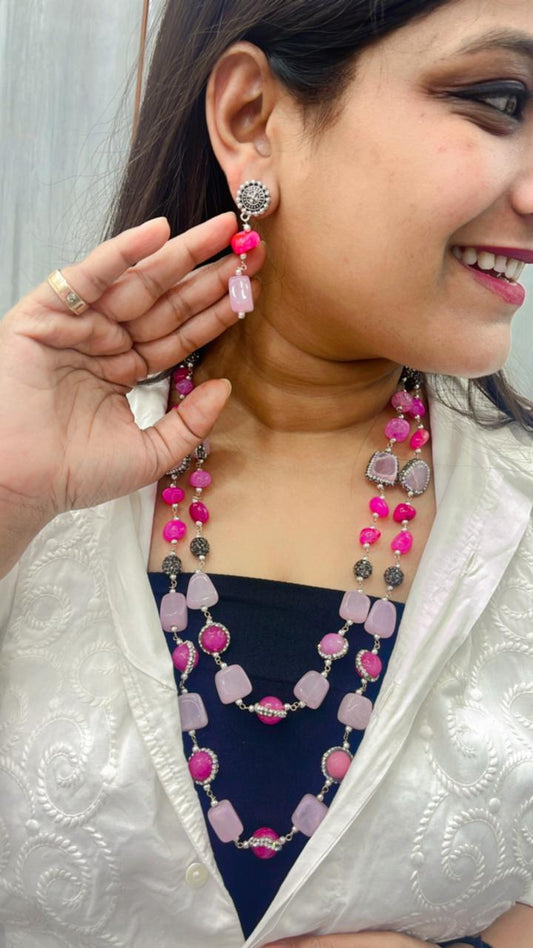 Jaipuri beaded mala in rani and pink beads for women and girls with earrings