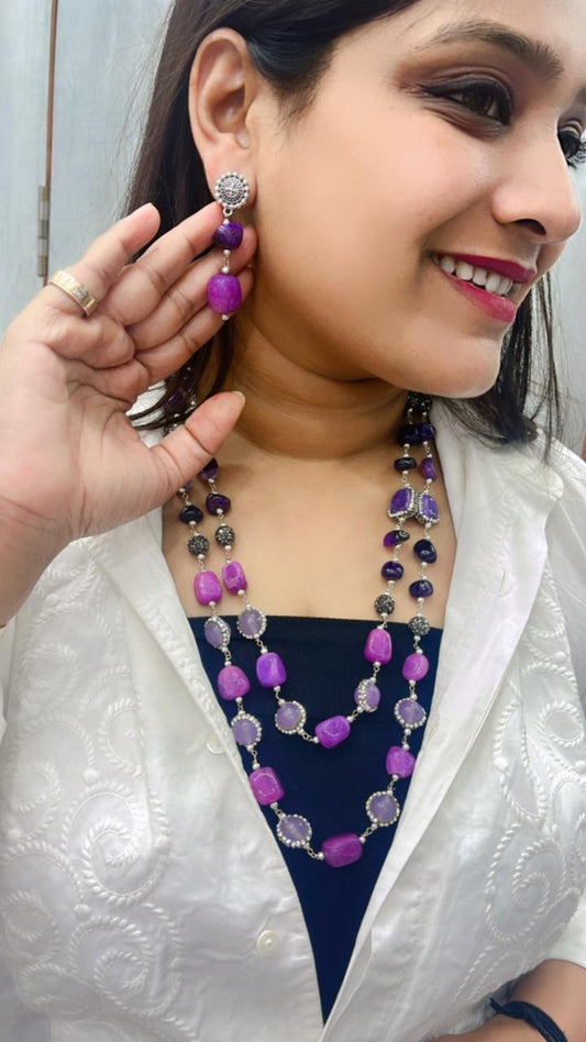 Jaipuri beaded mala in pink and purple beads for girls and ladies with earrings