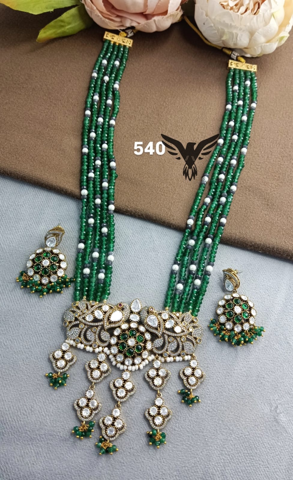 Long oynx beads necklace with mossanite pendent  with earrings in green for women