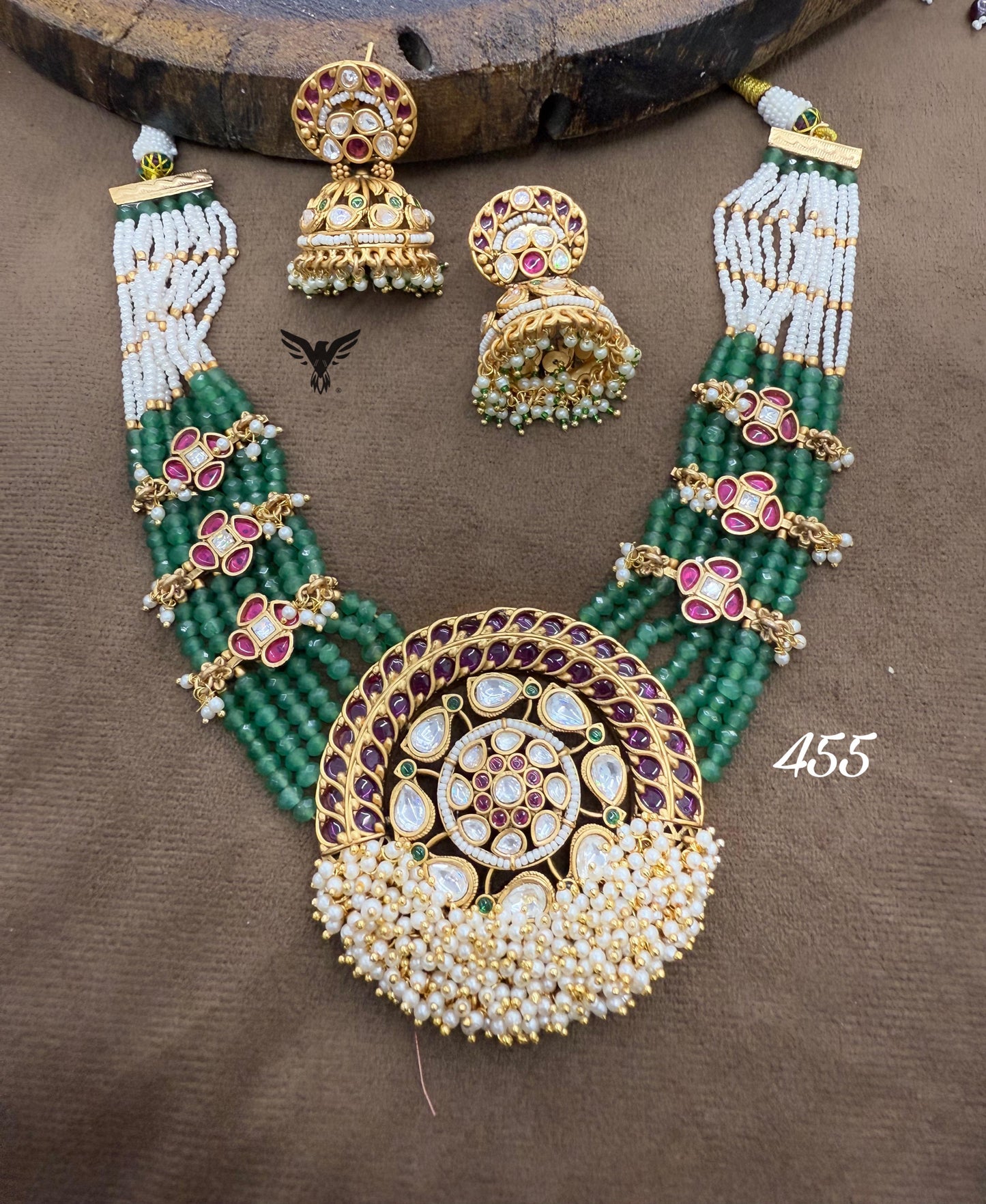 Rajwadi style kundan  necklace in multicolour with golden jhumkis for wedding, function and grand celebration